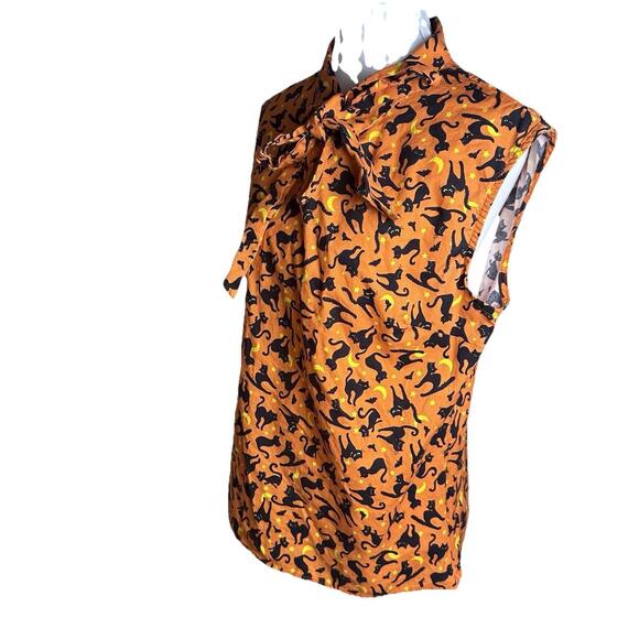 Retrolicious Orange Cat Print Tie Neck Sleeveless Top Sz Xl Halloween Kitty - Picture 5 of 11